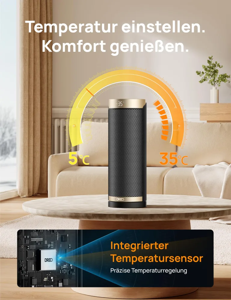 Dreo Heizlüfter Energiesparend, PTC Keramik Heizlüfte Leise, 70° Oszillierend Elektroheizung mit Fernbedienung, 12-Std-Timer, 3 Modus 3 Geschwindigkeit, Überhitzungs-Kippschutz, Solaris Slim H3 – Bild 5