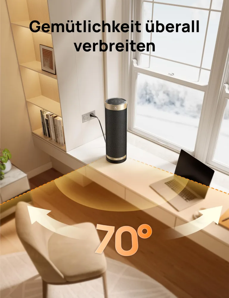 Dreo Heizlüfter Energiesparend, PTC Keramik Heizlüfte Leise, 70° Oszillierend Elektroheizung mit Fernbedienung, 12-Std-Timer, 3 Modus 3 Geschwindigkeit, Überhitzungs-Kippschutz, Solaris Slim H3 – Bild 6