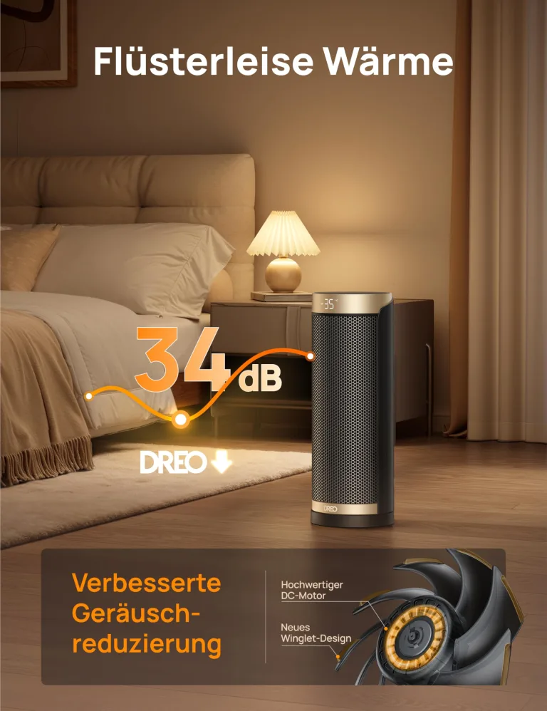 Dreo Heizlüfter Energiesparend, PTC Keramik Heizlüfte Leise, 70° Oszillierend Elektroheizung mit Fernbedienung, 12-Std-Timer, 3 Modus 3 Geschwindigkeit, Überhitzungs-Kippschutz, Solaris Slim H3 – Bild 7