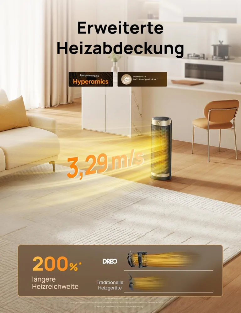 Dreo Heizlüfter Energiesparend, PTC Keramik Heizlüfte Leise, 70° Oszillierend Elektroheizung mit Fernbedienung, 12-Std-Timer, 3 Modus 3 Geschwindigkeit, Überhitzungs-Kippschutz, Solaris Slim H3 – Bild 8