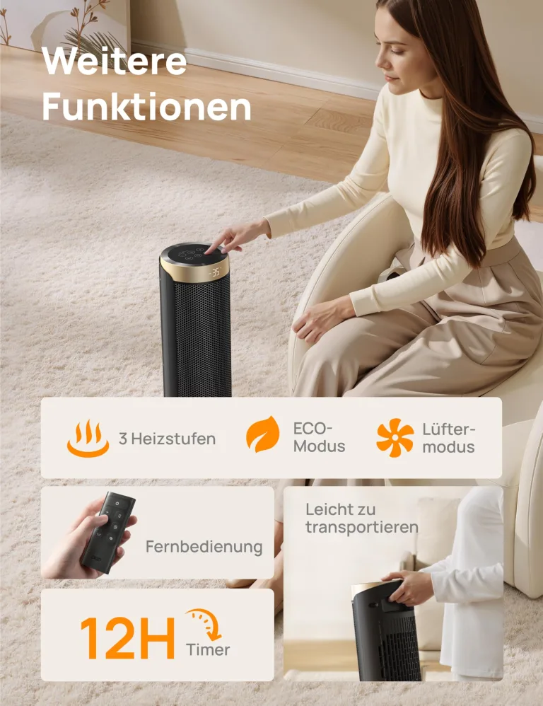Dreo Heizlüfter Energiesparend, PTC Keramik Heizlüfte Leise, 70° Oszillierend Elektroheizung mit Fernbedienung, 12-Std-Timer, 3 Modus 3 Geschwindigkeit, Überhitzungs-Kippschutz, Solaris Slim H3 – Bild 9