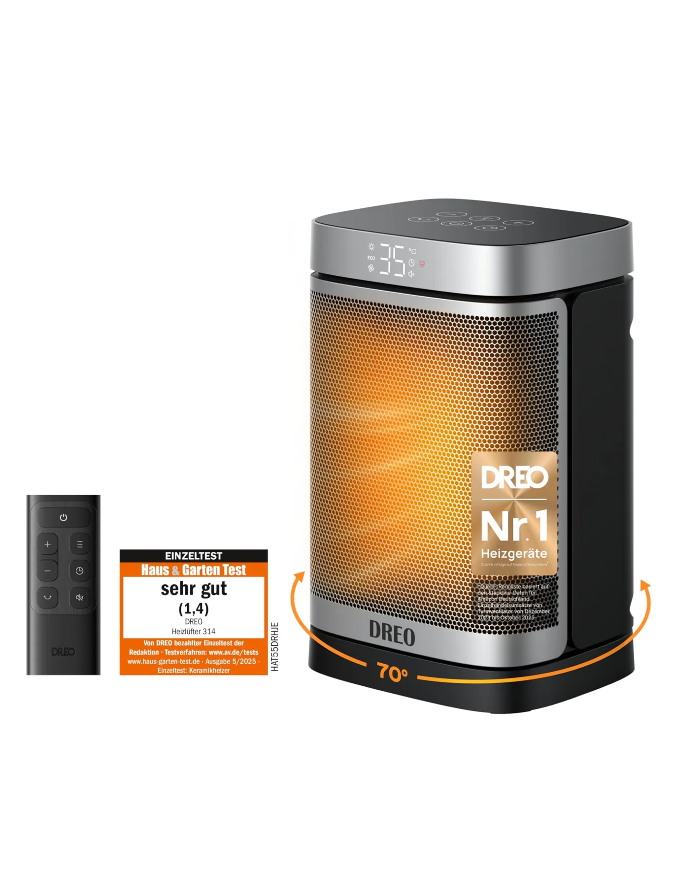 Dreo Heizlüfter Energiesparend Klein, 1500W Heizung Elektrisch mit Thermostat, 70° Oszillierend Elektroheizung, PTC Keramik Heizlüfter Leise, ECO-Modus, 12-Std-Timer, Überhitzungs- & Kippschutz - Bild 1
