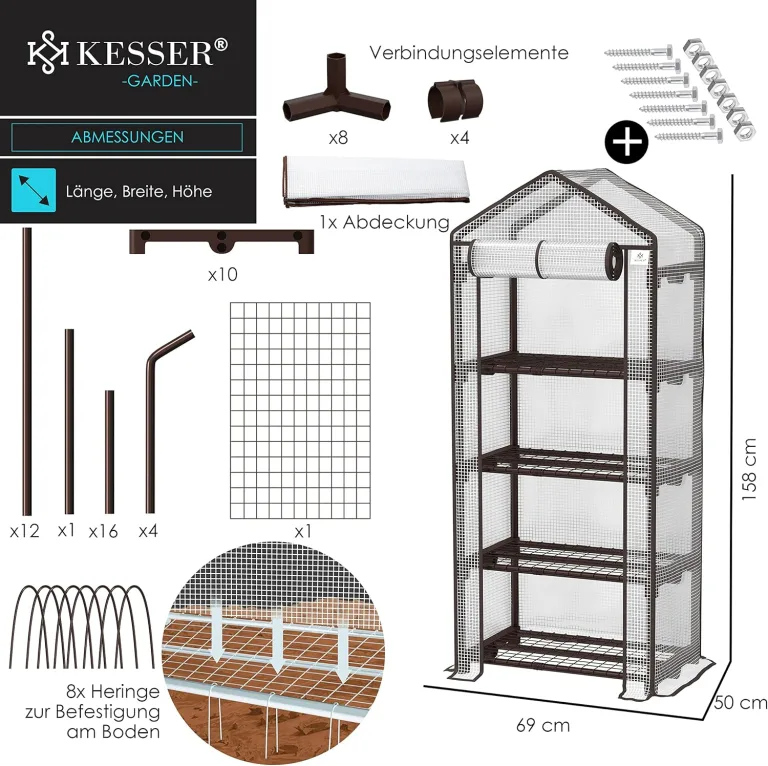 KESSER® Premium Foliengewächshaus Gewächshaus mit 4 Etagen - 69 x 50 x 158 cm Treibhaus mit 4 Regalen - Platzsparend, Hochwertiges Anzuchthaus Garten Balkon Stabil & Einfach zu Montieren – Bild 9