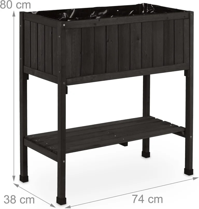 Relaxdays Hochbeet, Folie, Ablage, HxBxT: 80 x 74 x 38 cm, Garten, Balkon & Terrasse, Pflanztisch, Tannenholz, schwarz – Bild 6