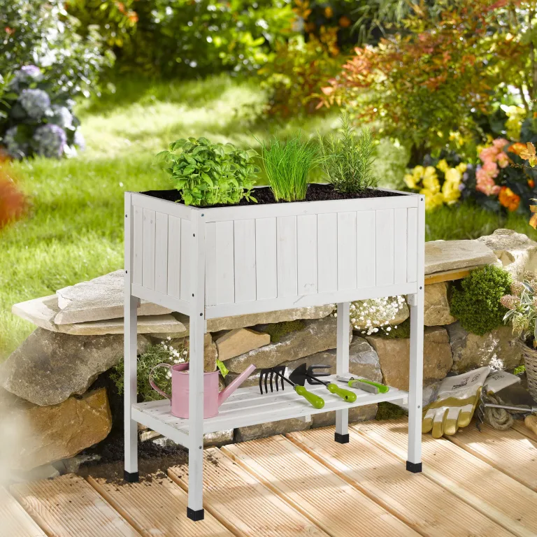 Relaxdays Hochbeet, Folie, Ablage, HxBxT: 80 x 74 x 38 cm, Garten, Balkon & Terrasse, Pflanztisch, Tannenholz, weiß – Bild 2