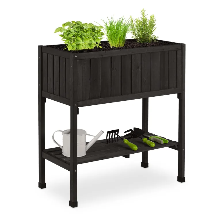 Relaxdays Hochbeet, Folie, Ablage, HxBxT: 80 x 74 x 38 cm, Garten, Balkon & Terrasse, Pflanztisch, Tannenholz, weiß – Bild 9