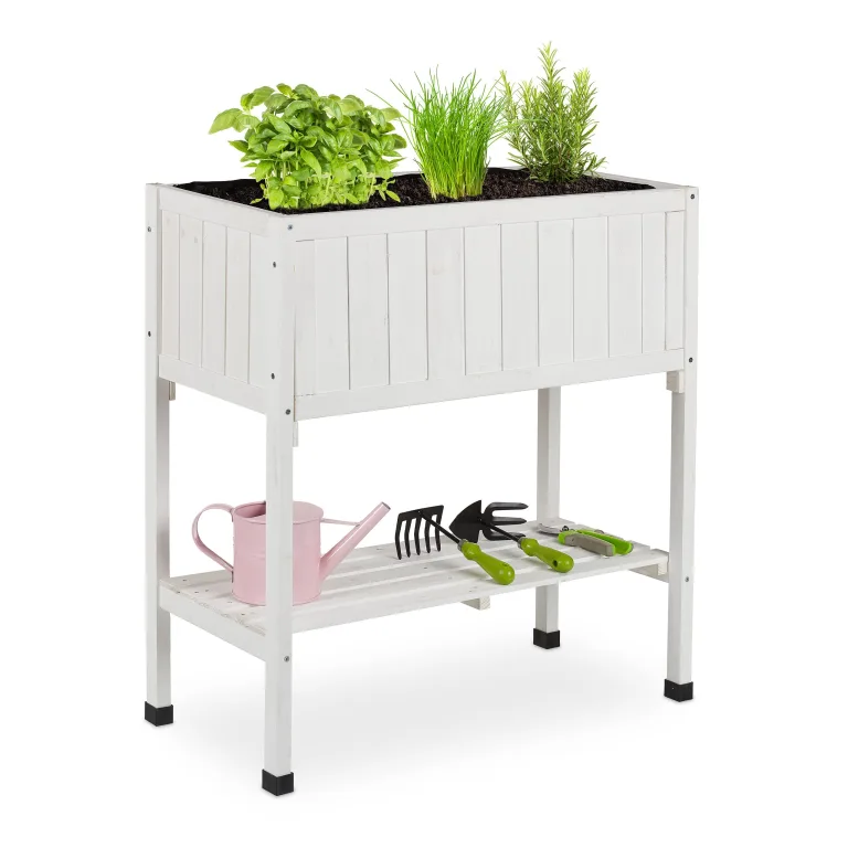 Relaxdays Hochbeet, Folie, Ablage, HxBxT: 80 x 74 x 38 cm, Garten, Balkon & Terrasse, Pflanztisch, Tannenholz, weiß – Bild 1