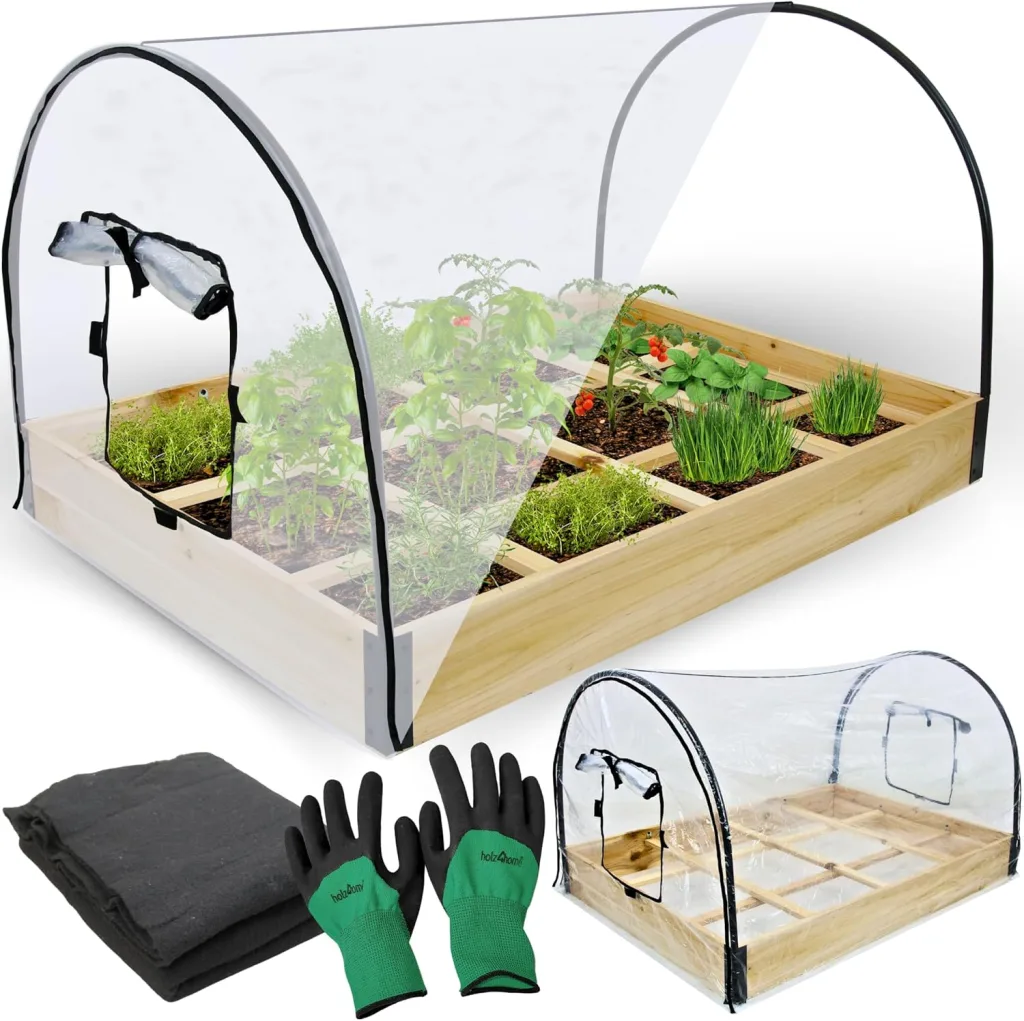holz4home® Gemüsebeet aus Tannenholz I 115x80x68 cm I Treibhaus mit Abnehmbarer Folie I inkl. Gartenhandschuhe & Einlegevlies I Frühbeet Anzuchtbeet Gartenbeet Blumenbeet Hochbeet