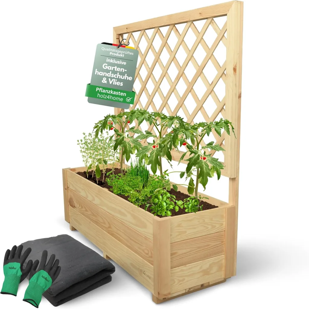 holz4home® Pflanzkasten mit Rankgitter M aus Kiefernholz I 34x98x104 cm I inkl. Gartenhandschuhe & Vlies I Pflanzkübel mit Spalier I Hochbeet für Balkon als Sichtschutz I Blumenkasten