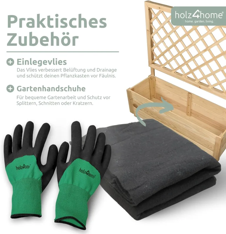 holz4home® Pflanzkasten mit Rankgitter M aus Kiefernholz I 34x98x104 cm I inkl. Gartenhandschuhe & Vlies I Pflanzkübel mit Spalier I Hochbeet für Balkon als Sichtschutz I Blumenkasten – Bild 5