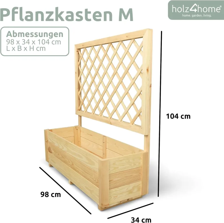 holz4home® Pflanzkasten mit Rankgitter M aus Kiefernholz I 34x98x104 cm I inkl. Gartenhandschuhe & Vlies I Pflanzkübel mit Spalier I Hochbeet für Balkon als Sichtschutz I Blumenkasten – Bild 6