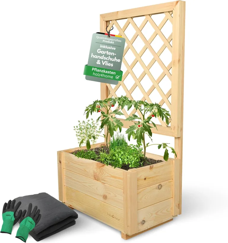 holz4home® Pflanzkasten mit Rankgitter M aus Kiefernholz I 34x98x104 cm I inkl. Gartenhandschuhe & Vlies I Pflanzkübel mit Spalier I Hochbeet für Balkon als Sichtschutz I Blumenkasten – Bild 9