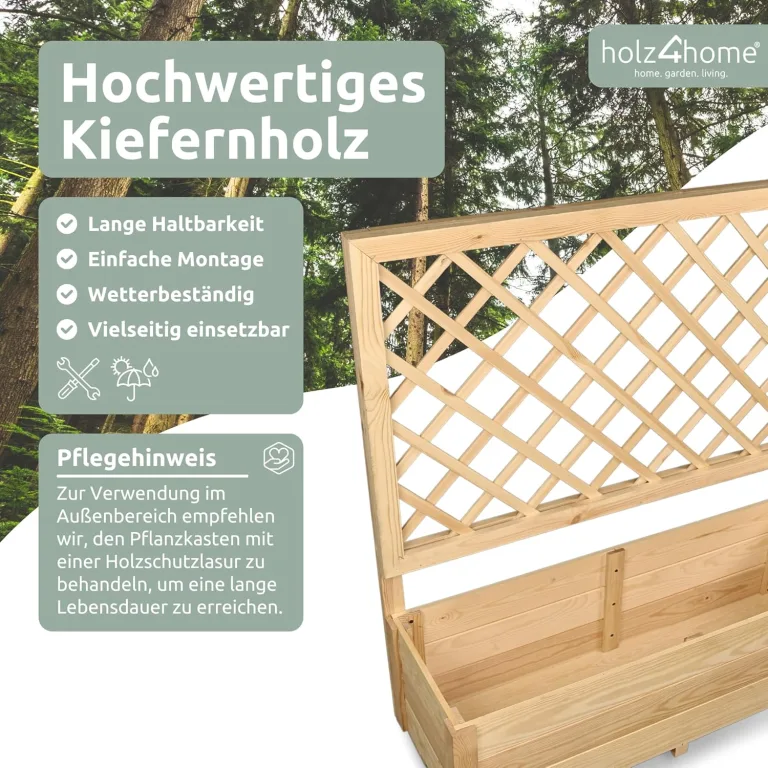 holz4home® Pflanzkasten mit Rankgitter M aus Kiefernholz I 34x98x104 cm I inkl. Gartenhandschuhe & Vlies I Pflanzkübel mit Spalier I Hochbeet für Balkon als Sichtschutz I Blumenkasten – Bild 2