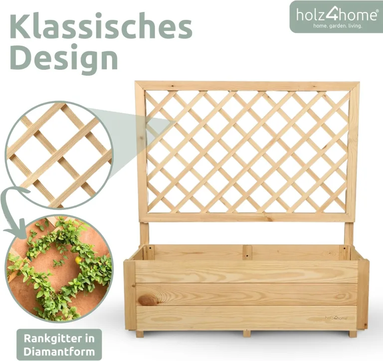 holz4home® Pflanzkasten mit Rankgitter M aus Kiefernholz I 34x98x104 cm I inkl. Gartenhandschuhe & Vlies I Pflanzkübel mit Spalier I Hochbeet für Balkon als Sichtschutz I Blumenkasten – Bild 4