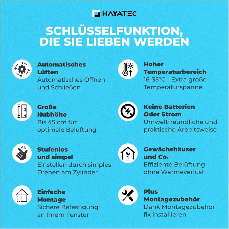 HAYATEC Automatischer Fensteröffner Gewächshaus Fensteröffner Fensterheber Gewächshaus – Temperaturgesteuert, ohne Strom, robust & wetterfest – Hubkraft 7 kg, Hubhöhe 40 cm – einfache Montage – Bild 2