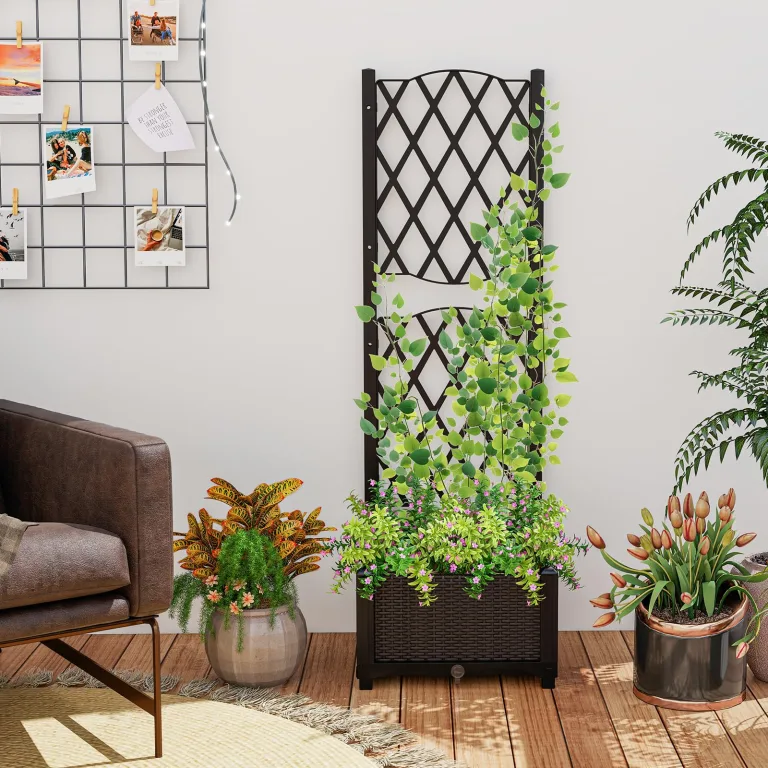 GOPLUS Blumenkasten mit Rankgitter, Hochbeet mit Spalier für Kletterpflanzen & Topfpflanzen, Tiefes Pflanzbeet mit Drainagelöchern für Balkon, Hinterhof & Garten (Braun, 40 x 40 x 122 cm) – Bild 8