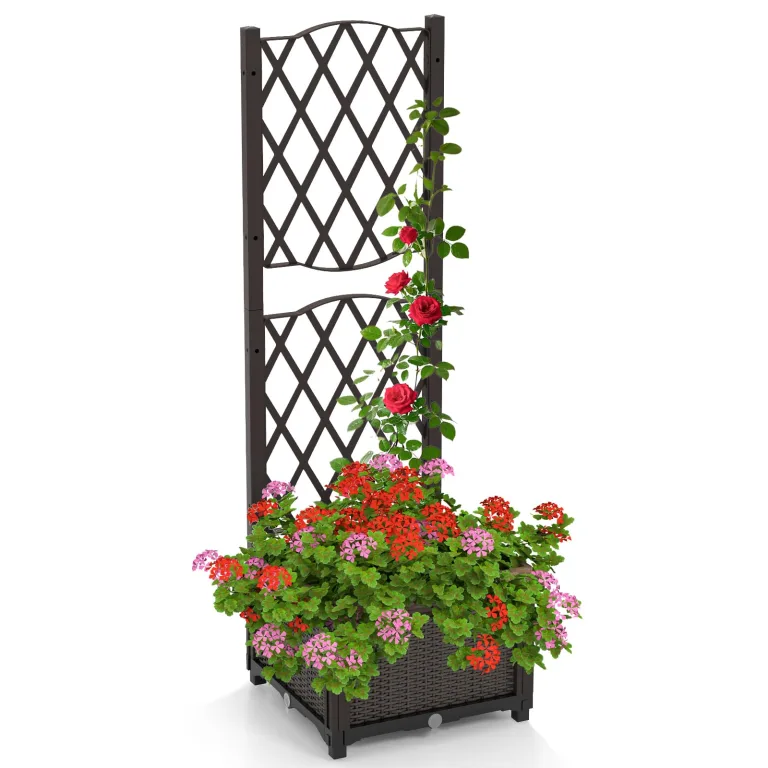 GOPLUS Blumenkasten mit Rankgitter, Hochbeet mit Spalier für Kletterpflanzen & Topfpflanzen, Tiefes Pflanzbeet mit Drainagelöchern für Balkon, Hinterhof & Garten (Braun, 40 x 40 x 122 cm) – Bild 1