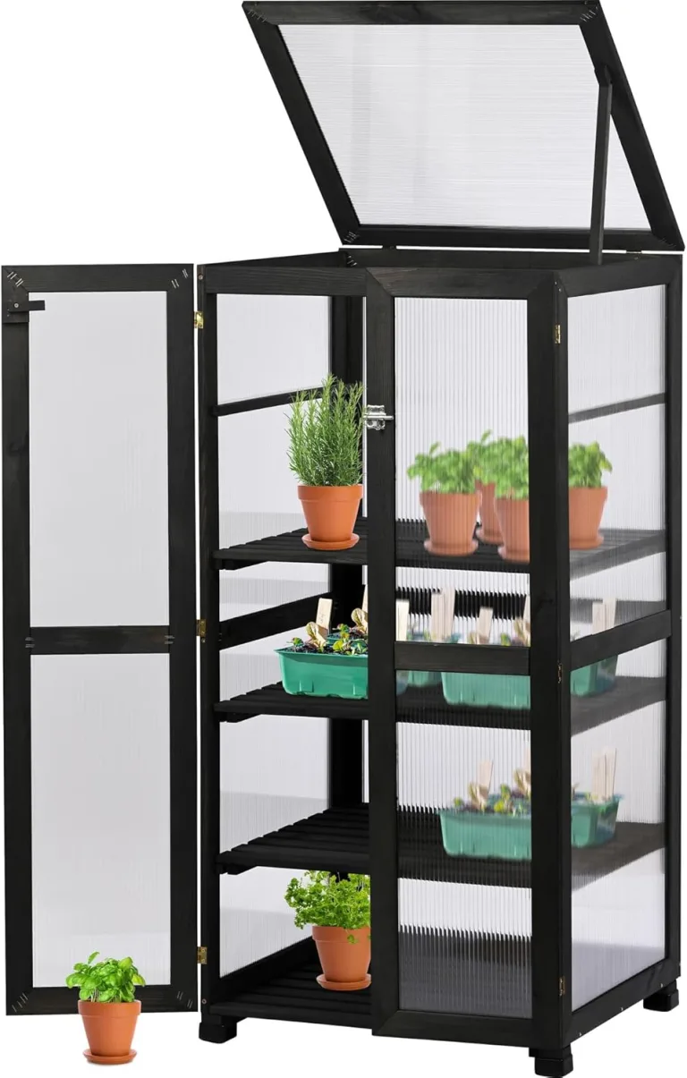 dobar® Großer Anzuchtschrank Dome aus Holz - Gewächshaus mit 4 Ablagen für Innen- und Außenbereich - Treibhaus mit Deckel und Türen - 56 x 52 x 116 cm - Natur – Bild 8
