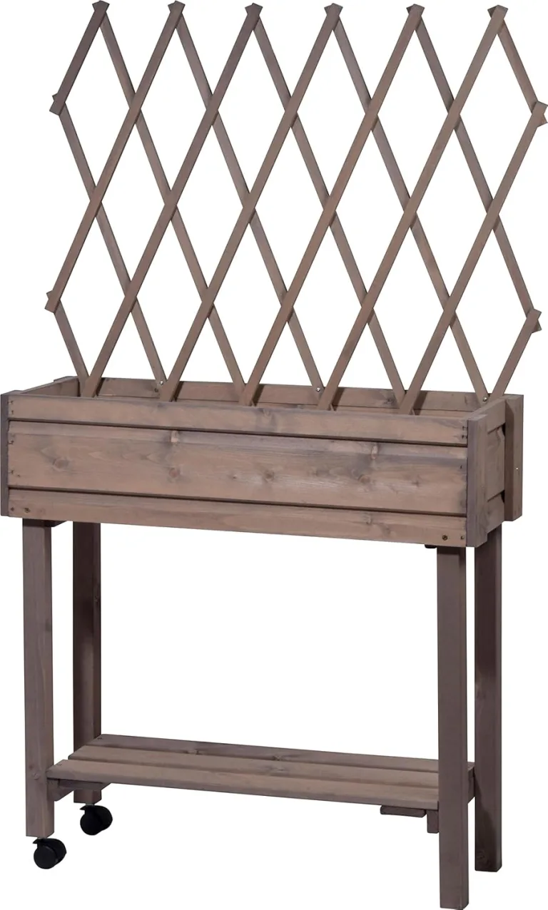 dobar® 58188e rollbares Hochbeet mit Rankgitter | Pflanzkasten auf Rollen | Blumenbeet aus Massiv-Holz | Schmales Kräuterbeet für Garten/Terrasse/Balkon | 79 x 28,5 x 130 cm | Grau – Bild 1