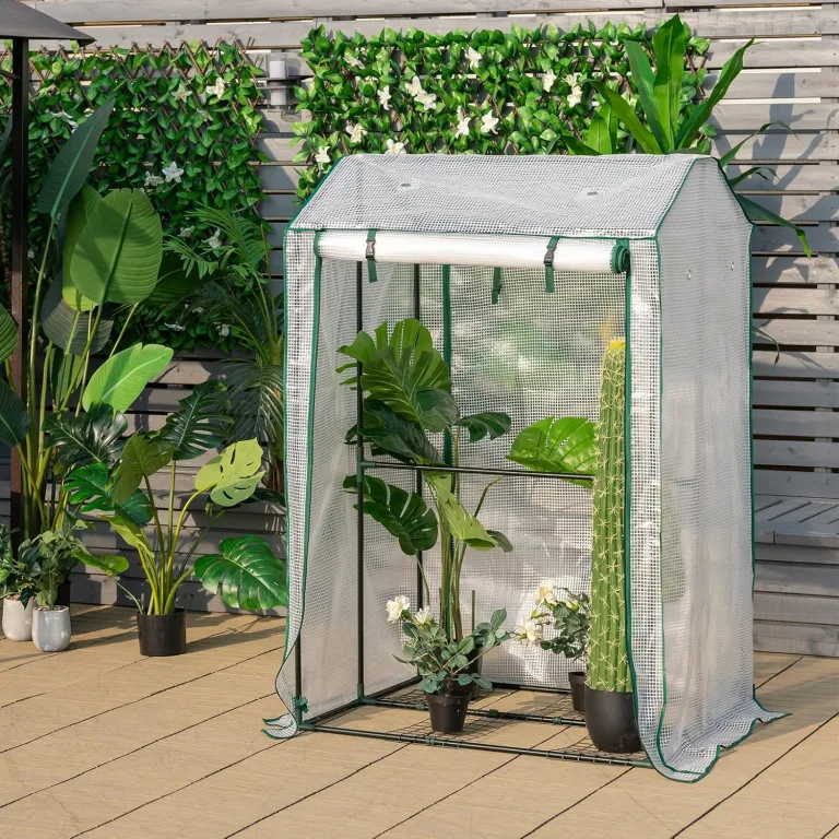 COSTWAY Gewächshaus Winterfest, 100x81x150cm, Foliengewächshaus mit PE Gitterfolie & mit aufrollbarer Reißverschlusstür, Gartengewächshaus Klein, Tomatenhaus für Tomaten, Garten Balkon, Metallrahmen – Bild 1