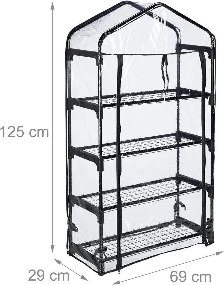 Relaxdays Gewächshaus Balkon, PVC-Folie, Stahl, HxBxT: 125 x 69 x 29 cm, Foliengewächshaus 4 Ebenen, schwarz/transparent – Bild 6