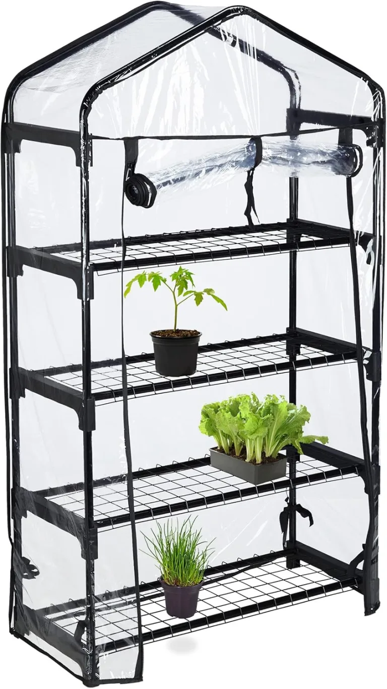 Relaxdays Gewächshaus Balkon, PVC-Folie, Stahl, HxBxT: 125 x 69 x 29 cm, Foliengewächshaus 4 Ebenen, schwarz/transparent – Bild 1