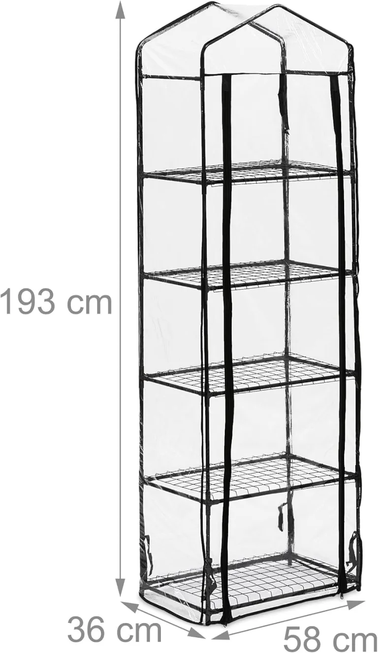 Relaxdays Gewächshaus Balkon, HBT: 193 x 58 x 36 cm, 5 Etagen, Eisen & PVC-Folie, Foliengewächshaus, transparent/schwarz – Bild 4