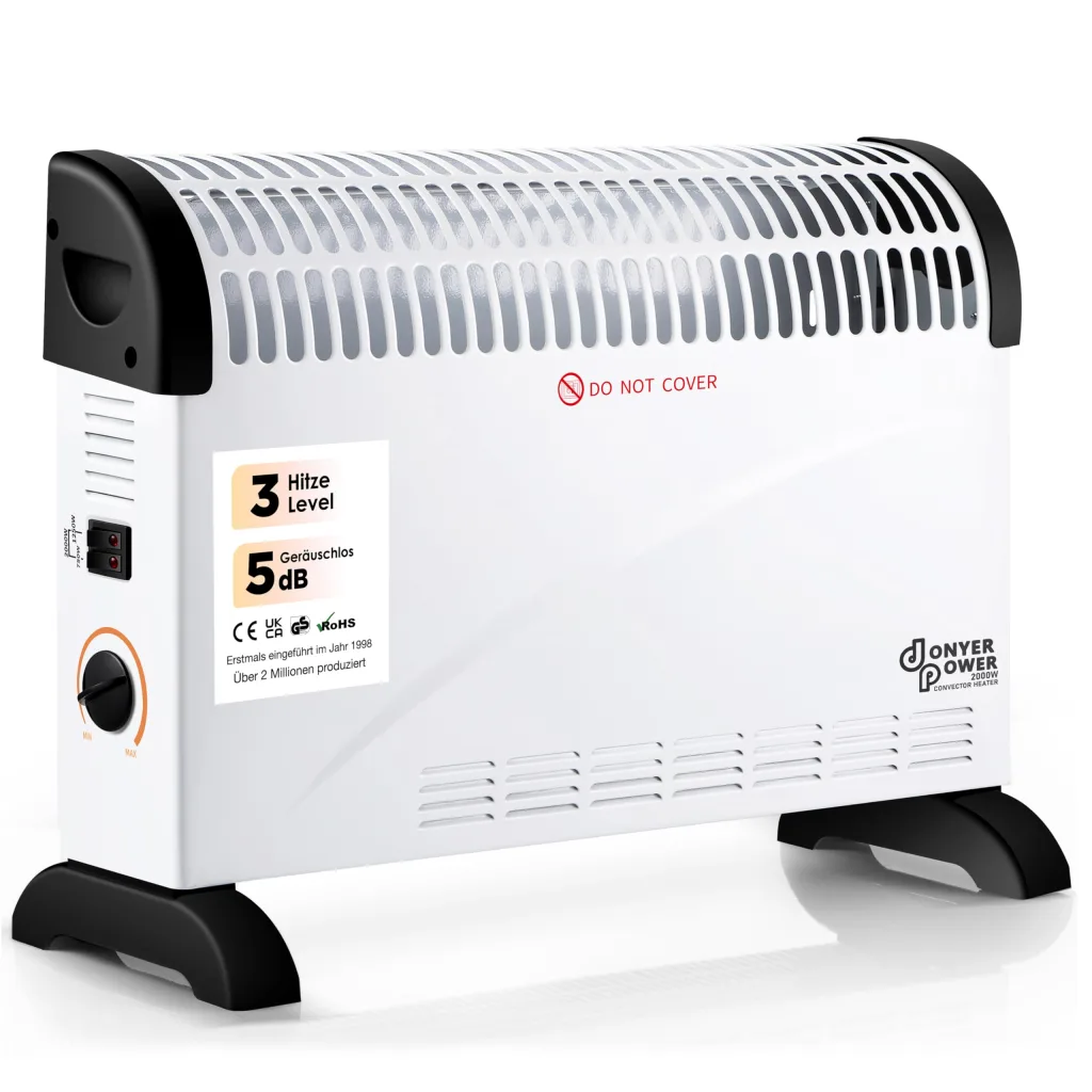DONYER POWER 2KW Konvektor mit Thermostat – Leise – Wandmontage | 3 Heizstufen (750W/1250W/2000W) – Leiser Betrieb – Stand- & Wandmontage – Sofort einsatzbereit