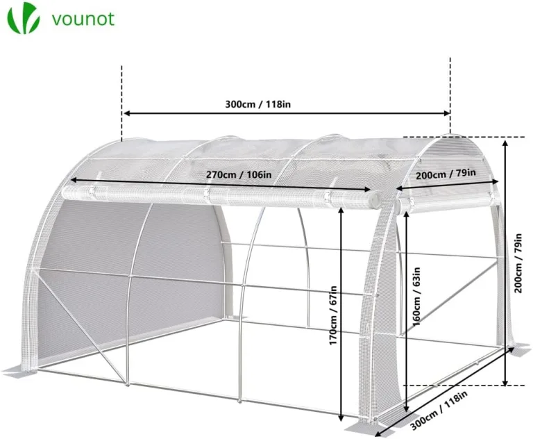 VOUNOT® Gewächshaus Foliengewächshaus, Seitenwände Aufrollbar Winterfest, Tomatenhaus Folientunnel, 3x3x2m 9m², Weiß – Bild 3