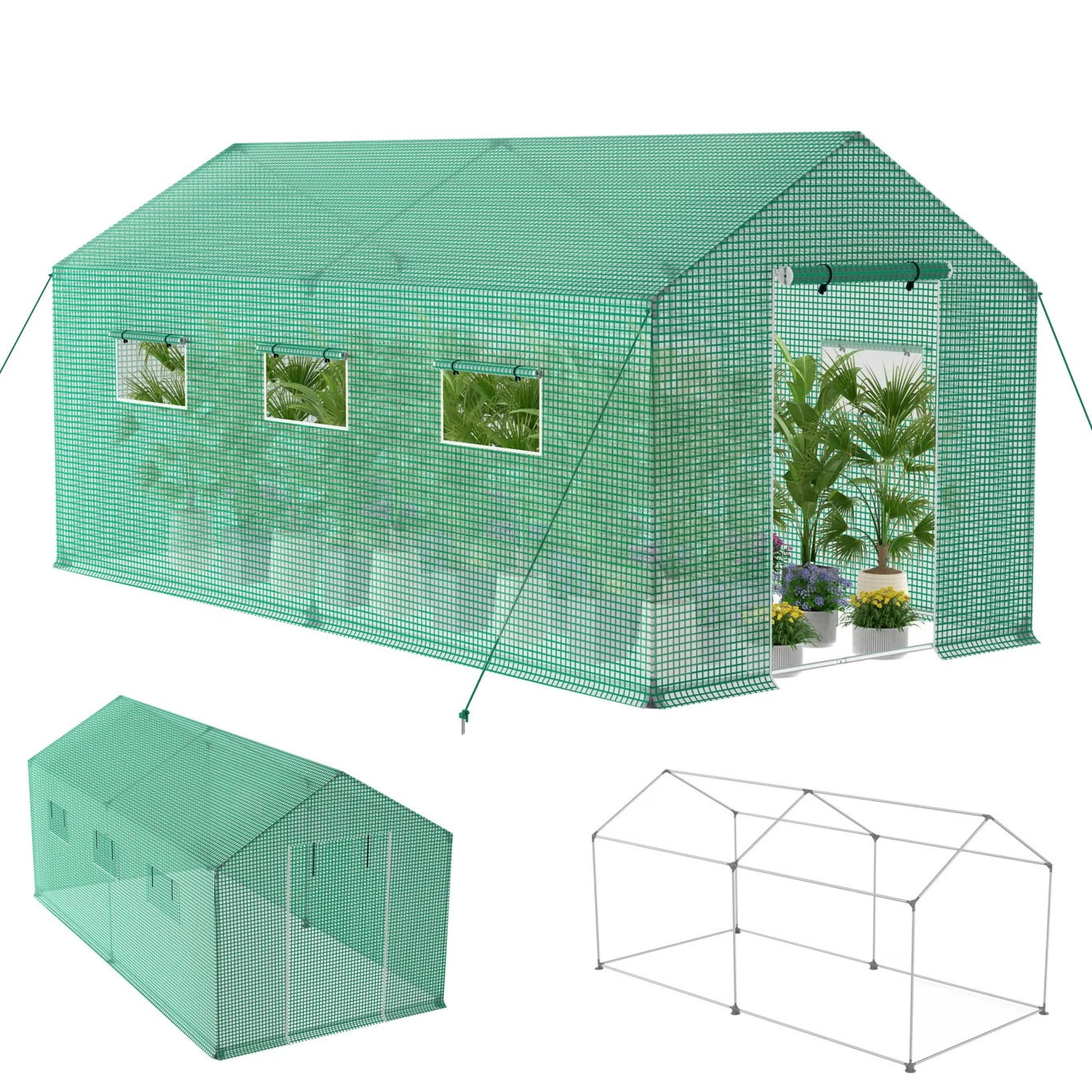 XMTECH Gewächshaus Foliengewächshaus 450x200x200cm Tomatengewächshaus für Gemüse Pflanzen, Obst, Garten, mit UV-beständige Gitternetzfolie und Fernster, Spitzdach, Grün - Bild 1