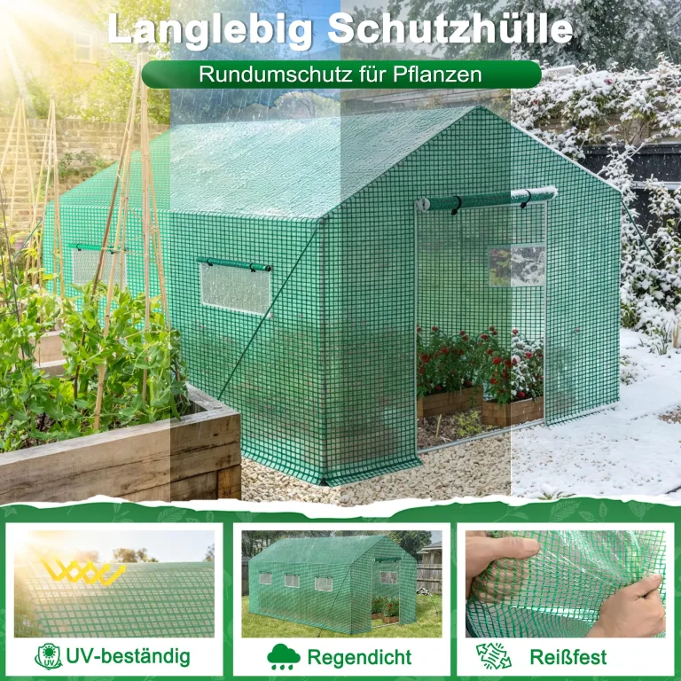 XMTECH Gewächshaus Foliengewächshaus 450x200x200cm Tomatengewächshaus für Gemüse Pflanzen, Obst, Garten, mit UV-beständige Gitternetzfolie und Fernster, Spitzdach, Grün – Bild 3
