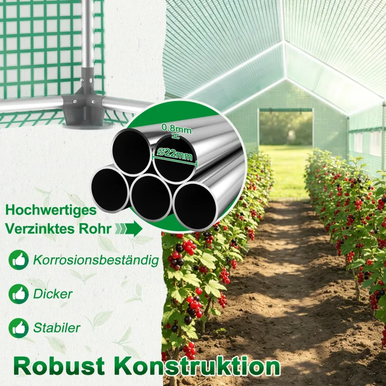 XMTECH Gewächshaus Foliengewächshaus 450x200x200cm Tomatengewächshaus für Gemüse Pflanzen, Obst, Garten, mit UV-beständige Gitternetzfolie und Fernster, Spitzdach, Grün – Bild 4