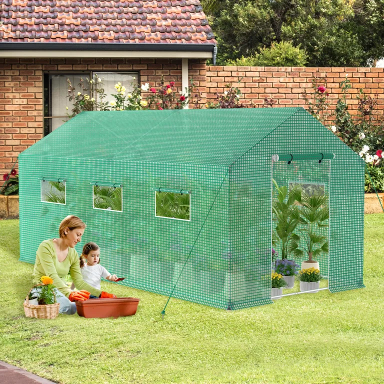 XMTECH Gewächshaus Foliengewächshaus 450x200x200cm Tomatengewächshaus für Gemüse Pflanzen, Obst, Garten, mit UV-beständige Gitternetzfolie und Fernster, Spitzdach, Grün – Bild 8