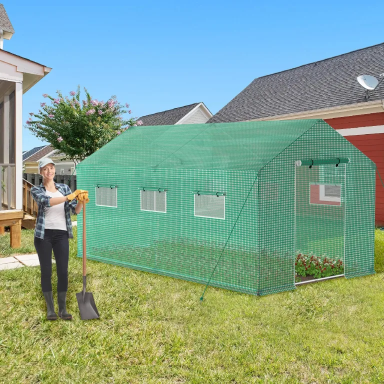 XMTECH Gewächshaus Foliengewächshaus 450x200x200cm Tomatengewächshaus für Gemüse Pflanzen, Obst, Garten, mit UV-beständige Gitternetzfolie und Fernster, Spitzdach, Grün – Bild 9