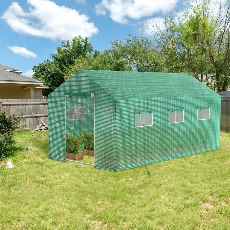 AufuN Foliengewächshaus Gewächshaus 4.5x2x2m für Tomaten, mit Gitternetzfolie und Fernster, Winterfest Folientunnel, Pflanzenhaus, Mehrweg,Schrägdach, Grün – Bild 8