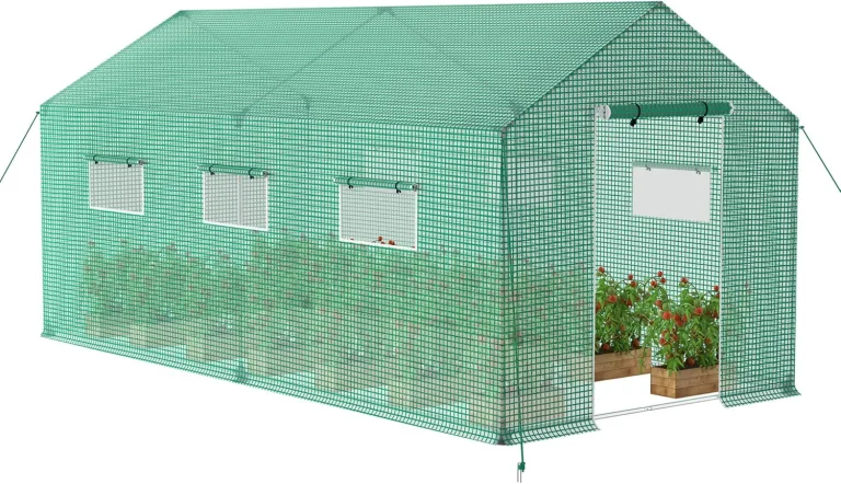 AufuN Foliengewächshaus Gewächshaus 4.5x2x2m für Tomaten, mit Gitternetzfolie und Fernster, Winterfest Folientunnel, Pflanzenhaus, Mehrweg,Schrägdach, Grün – Bild 1