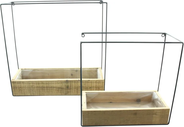 FRANK FLECHTWAREN Wandpflanzer Modern Look, 2er Set, recyceltes Holz, Mattschwarz lackiertes Metall, ausgeschlagen mit Folie, Maße: 31 x 13 x 30 cm, 36 x 13 x 36 cm – Bild 1