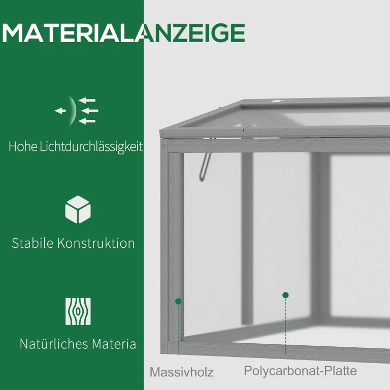 Outsunny Frühbeet Treibhaus Gewächshaus Frühbeetkasten Pflanzenbeet mit Abdeckung aus Holz und Polycarbonat wetterfest Hellgrau 90 x 80 x 58 cm – Bild 3