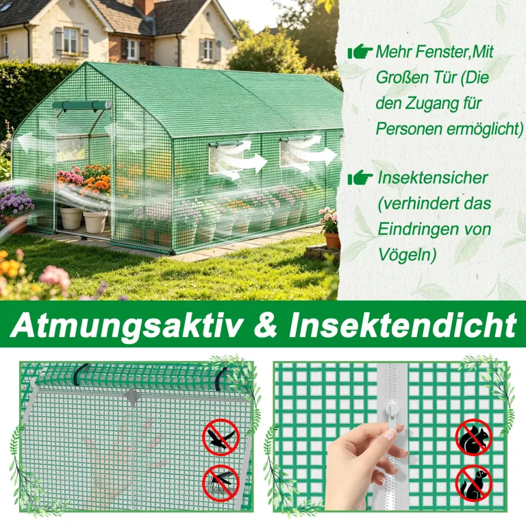 Froadp Gartengewächshäuser aus Verzinktes Rohr Tomatenhaus Winterfest Foliengewächshaus mit Gitternetzfolie Fenster Frostschutz Treibhaus Grün Gewächshaus für Garten Pflanze (6㎡, 3x2x2m) – Bild 5