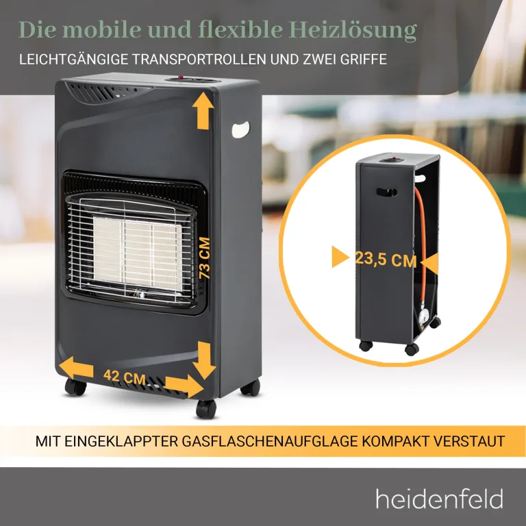 Heidenfeld Gasheizung Inferno GH100 | ???? ???????????????????? ???????????????????????????????? - 4200 Watt - Heizstrahler - Gasheizung für Innenräume - Gasofen - Gasheizer - Gasflaschen bis 15 Kg - Gasschlauch (Schwarz) – Bild 6