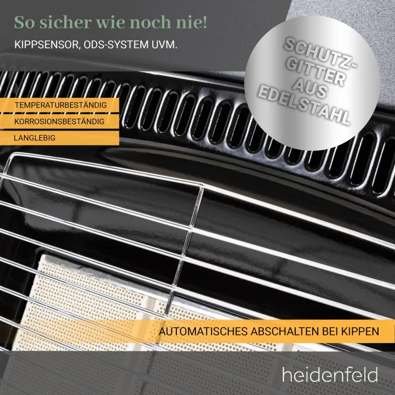 Heidenfeld Gasheizung Inferno GH100 | ???? ???????????????????? ???????????????????????????????? - 4200 Watt - Heizstrahler - Gasheizung für Innenräume - Gasofen - Gasheizer - Gasflaschen bis 15 Kg - Gasschlauch (Schwarz) – Bild 7