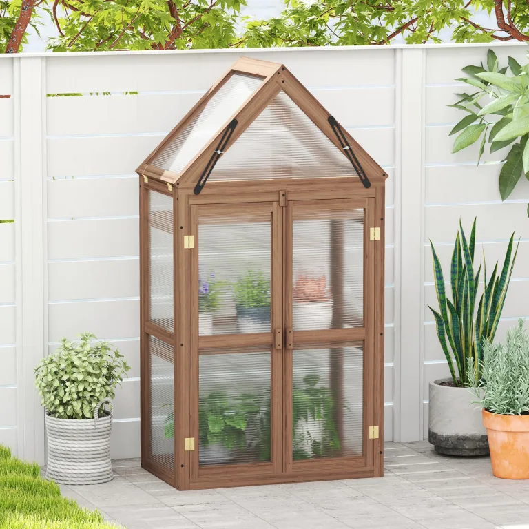 COSTWAY Frühbeet Mini Gewächshaus, 3-stöckiges Pflanzenbeet mit aufklappbarem Dach, Anzuchthaus mit 2 Türen, Treibhaus aus Holz & Polycarbonat, Aufzuchtschrank für Balkon Garten, Braun, 71x41x145cm – Bild 2