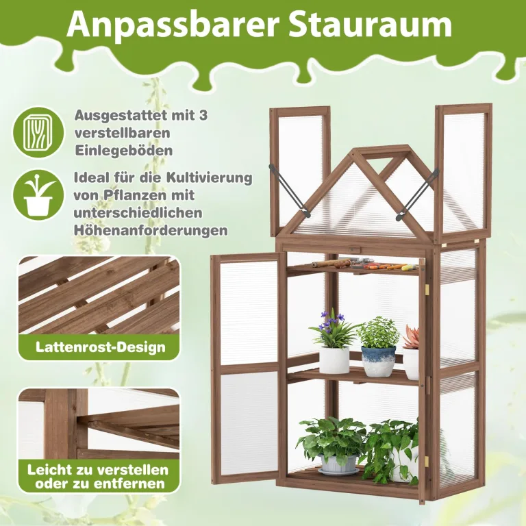 COSTWAY Frühbeet Mini Gewächshaus, 3-stöckiges Pflanzenbeet mit aufklappbarem Dach, Anzuchthaus mit 2 Türen, Treibhaus aus Holz & Polycarbonat, Aufzuchtschrank für Balkon Garten, Braun, 71x41x145cm – Bild 3