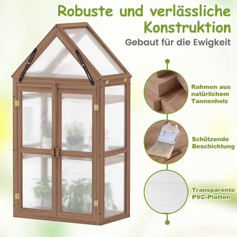 COSTWAY Frühbeet Mini Gewächshaus, 3-stöckiges Pflanzenbeet mit aufklappbarem Dach, Anzuchthaus mit 2 Türen, Treibhaus aus Holz & Polycarbonat, Aufzuchtschrank für Balkon Garten, Braun, 71x41x145cm – Bild 5