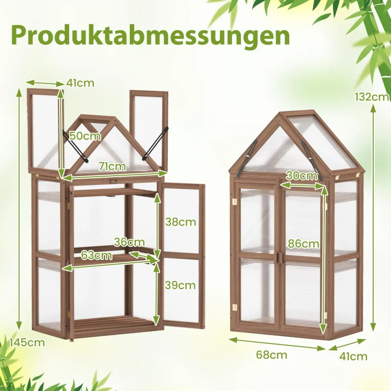 COSTWAY Frühbeet Mini Gewächshaus, 3-stöckiges Pflanzenbeet mit aufklappbarem Dach, Anzuchthaus mit 2 Türen, Treibhaus aus Holz & Polycarbonat, Aufzuchtschrank für Balkon Garten, Braun, 71x41x145cm – Bild 6