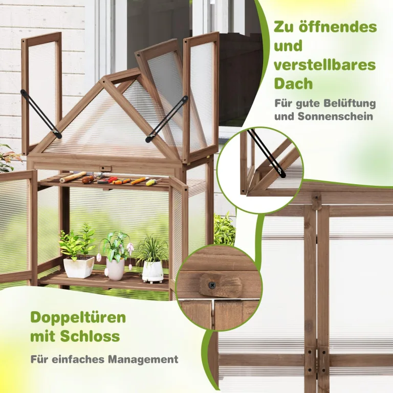 COSTWAY Frühbeet Mini Gewächshaus, 3-stöckiges Pflanzenbeet mit aufklappbarem Dach, Anzuchthaus mit 2 Türen, Treibhaus aus Holz & Polycarbonat, Aufzuchtschrank für Balkon Garten, Braun, 71x41x145cm – Bild 7