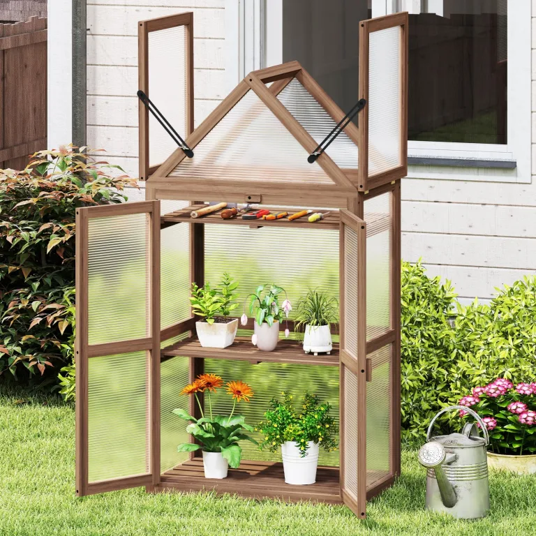 COSTWAY Frühbeet Mini Gewächshaus, 3-stöckiges Pflanzenbeet mit aufklappbarem Dach, Anzuchthaus mit 2 Türen, Treibhaus aus Holz & Polycarbonat, Aufzuchtschrank für Balkon Garten, Braun, 71x41x145cm – Bild 8