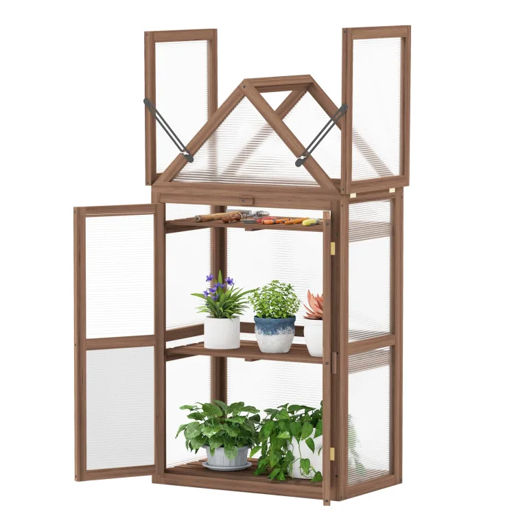 COSTWAY Frühbeet Mini Gewächshaus, 3-stöckiges Pflanzenbeet mit aufklappbarem Dach, Anzuchthaus mit 2 Türen, Treibhaus aus Holz & Polycarbonat, Aufzuchtschrank für Balkon Garten, Braun, 71x41x145cm – Bild 1