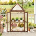 COSTWAY Frühbeet Mini Gewächshaus, 3-stöckiges Pflanzenbeet mit aufklappbarem Dach, Anzuchthaus mit 2 Türen, Treibhaus aus Holz & Polycarbonat, Aufzuchtschrank für Balkon Garten, Braun, 71x41x145cm - Thumbnail 9