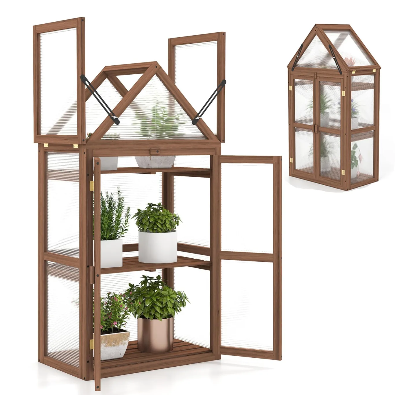 RELAX4LIFE 3 Etagen Hochbeet, Gewächshaus mit 3 Ablagen, Frühbeet aus Tannenholz & Polycarbonat, Pflanzenhaus für Garten Balkon Terrasse, 70,5 x 41 x 133,5 cm - Bild 1